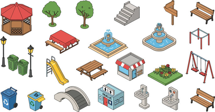 Isometric park elements set featuring playground equipment benches fountains trees and public facilities for urban landscape design and city planning projects