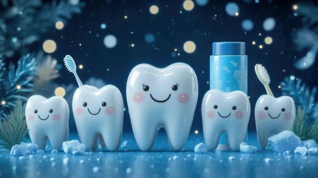 Cute tooth characters with toothbrushes and toothpaste amidst glowing background