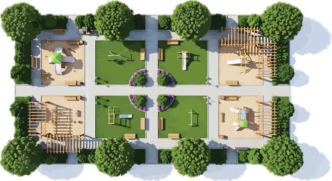 Top view of a modern public park layout with playground equipment green lawns trees and walking paths vector illustration
