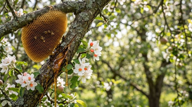 Large bee hive on tree branch with white flowers, natural apiary nest in blooming orchard, insects at work
