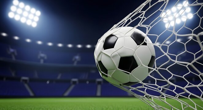 Soccer football goal with ball in net under stadium lights