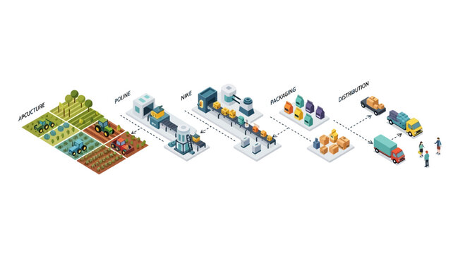 Isometric Illustration of the Agricultural Supply Chain Process.