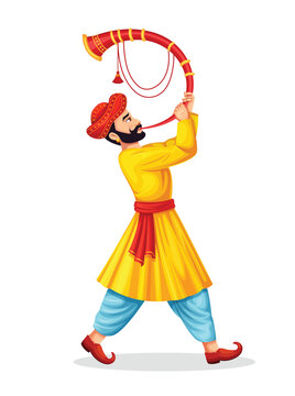 Maharashtrian wedding man with Tutari  plays traditional musical instruments at a wedding ceremony. Indian culture, art and music concept