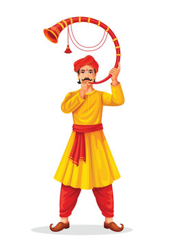 Indian Maharashtra cultural Tutari man. Indian artist musician playing on traditional musical instruments and dancers for a wedding ceremony. Indian culture, art, and music concept