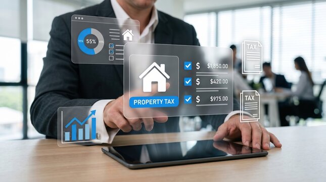 Futuristic hologram of interconnected cubes displaying finance, crypto, and banking icons floating above hands in office.