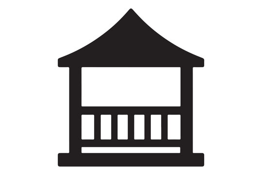 Simple black silhouette of a small outdoor gazebo with a pointed roof and railing one level  isolated on white background