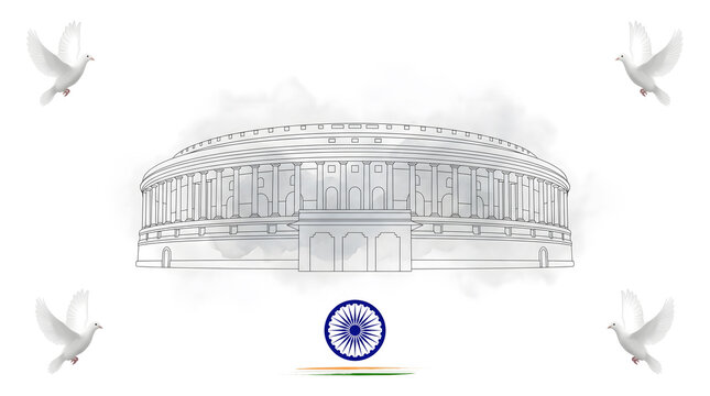 Parliament building sketch with dove and Ashoka Chakra symbol on white independence day patriotic background