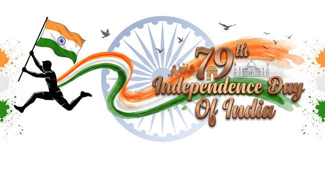 79th independence day of india banner with flag bearer figure tricolor wave Ashoka Chakra text