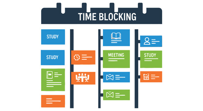 Time blocking concept illustrated with a calendar and various activity icons