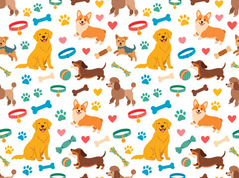 Colorful illustration of various dog breeds and pet accessories