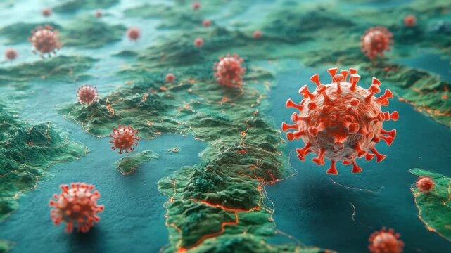 Coronavirus particles floating over geographical map with mountains and landscapes. HMPV, Human metapneumovirus