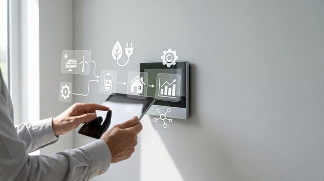 Businessman in suit holding tablet with floating hexagon icons representing cloud storage, file folder, document search, data analysis and system settings, illustrating enterprise