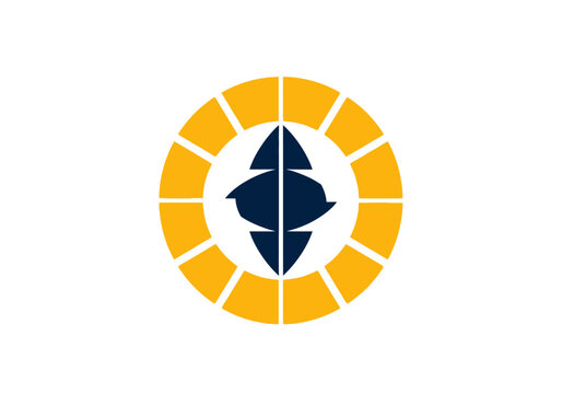 Abstract sun emblem with blue geometric center on white