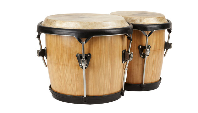 Wooden Bongo Drums, Conga Drum Set, Natural Skin Head Percussion Instrument on White Background
