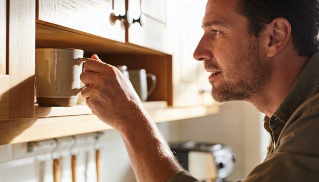 Reaching man wearing olive collared shirt taking ceramic mug in home kitchen, copy space