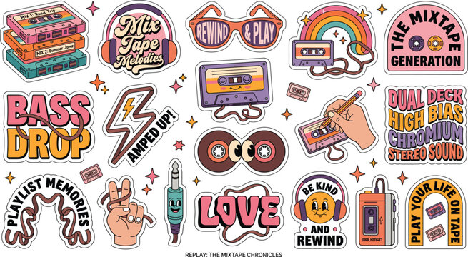 Retro Mixtape Chronicles Groovy Sticker Pack Cassette Tape Walkman Headphones Rainbow 80s 90s Nostalgia Music Quote Bundle.eps