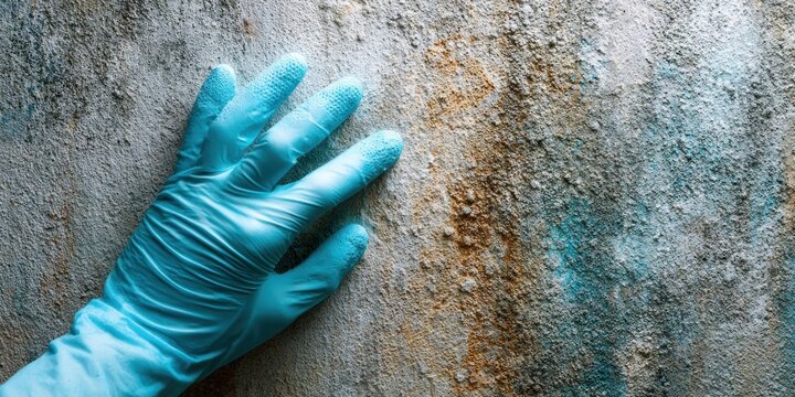 Close-up of a gloved hand touching a textured, discolored wall surface
