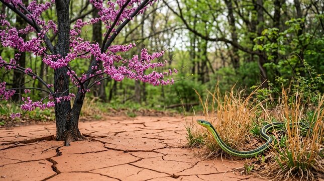 Green snake slithering on dry cracked earth, pink flowering tree, forest with dry grass and trees, wildlife scene, natural habitat, outdoor environment