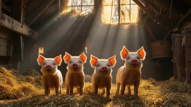 Four adorable piglets standing in sunlit barn with straw bedding. 2031 year pig according calendar