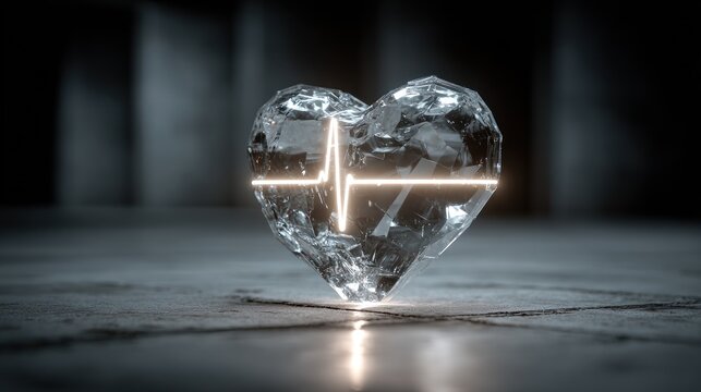 A faceted crystal heart with a glowing pulse line, against a dark backdrop