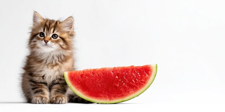 Adorable fluffy kitten sits beside a juicy slice of fresh red watermelon