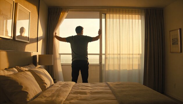 Standing adult man pulling aside sheer curtains at balcony door, wearing T-shirt and dark pants