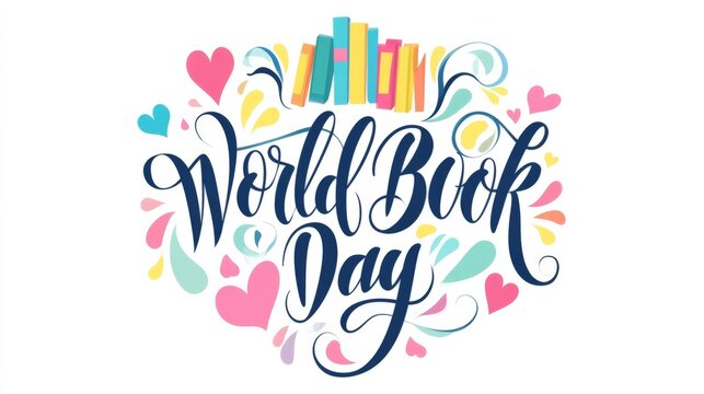 Vibrant world book day Vibrant script reads "World Book Day" with colorful accents. Pastel hearts and playful swirls surround the text. Bright books stand tall above the elegant calligraphy