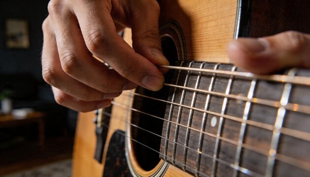 Plucking adult hands moving on acoustic guitar soundhole and fretboard at home, with steel strings