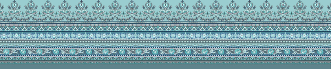 Mughal style floral vine border pattern in teal blue, traditional ornamental textile lace