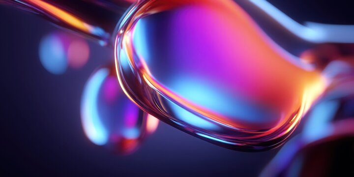 Abstract iridescent glass shapes with liquid textures and vibrant neon lighting