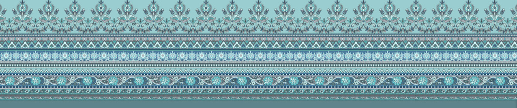 Mughal style floral vine border pattern in teal blue, traditional ornamental textile lace