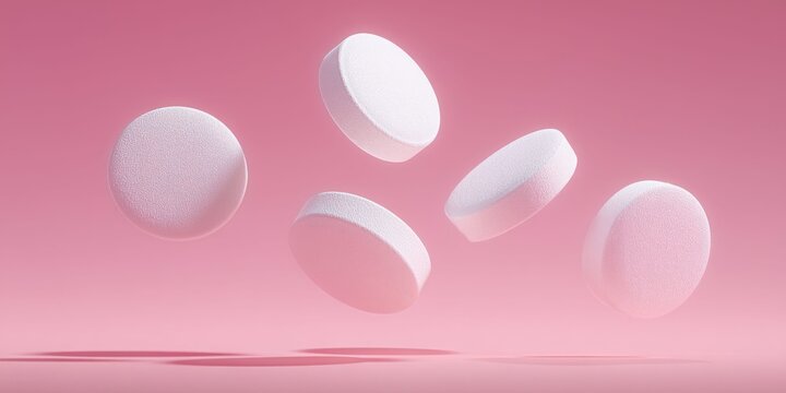 Five white round pills floating in the air against a soft pink background