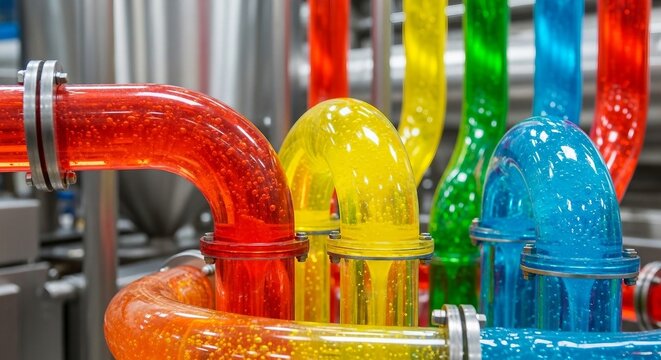 Colorful Liquid Flowing Through Industrial Pipes