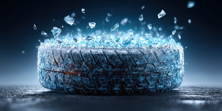 Tire covered in ice shards exploding outwards in a dramatic frozen explosion