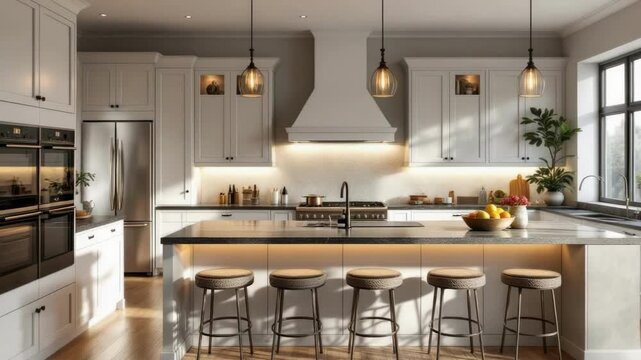 Modern white kitchen with island and pendant lighting in sunlit interior