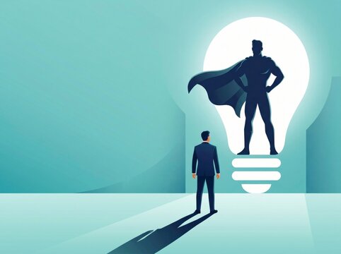 Illumination of Ambition: A man envisions his potential, symbolized by a heroic figure within a glowing lightbulb, embodying aspirations and future achievements. 