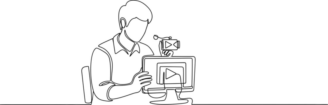 Man filming with camera and computer, one line drawing, vlogging concept