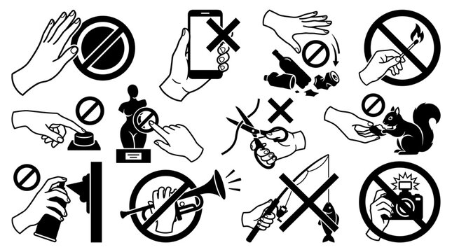 Prohibited Action Warning Icon Set with No Smoking No Phone No Photography and Restriction Symbols for Safety Vector Design