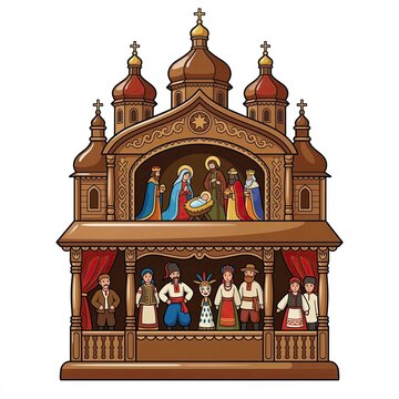 Traditional Ukrainian vertep portable puppet theater with a nativity scene and folk characters in a wooden church structure