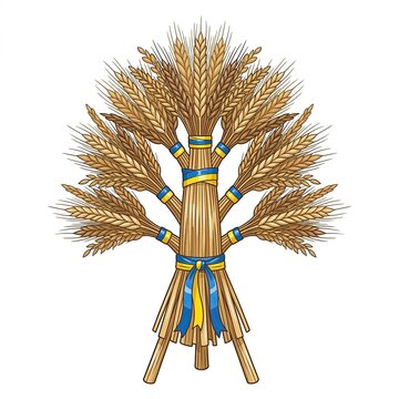 Traditional Ukrainian didukh wheat sheaf decoration tied with blue and yellow ribbons for Christmas celebration