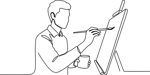 Artist Painting on Easel, Continuous Line Drawing, Creative Process © dinny