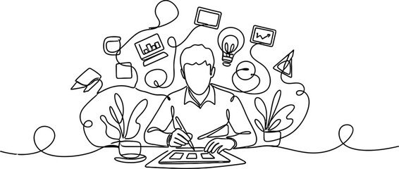 Creative process, brainstorming ideas, and digital art. Single line drawing of a designer at work. © dinny