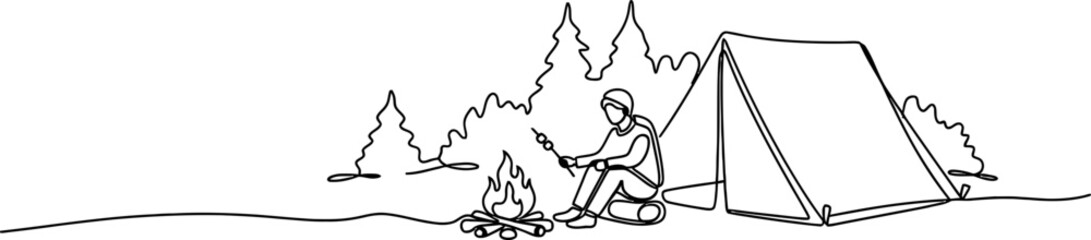 Person sitting by campfire next to tent in forest, line art illustration © dinny