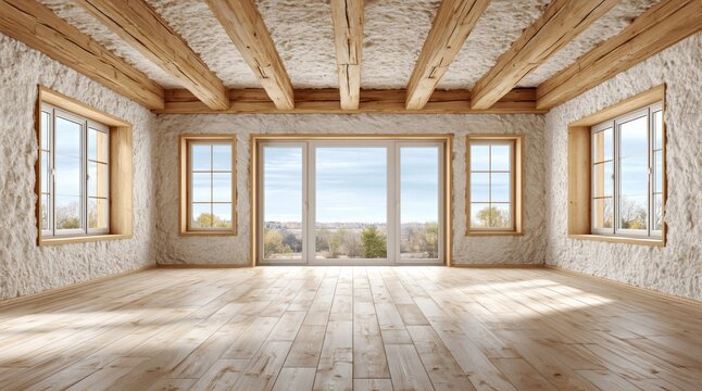 Rustic interior design featuring natural elements and expansive views
