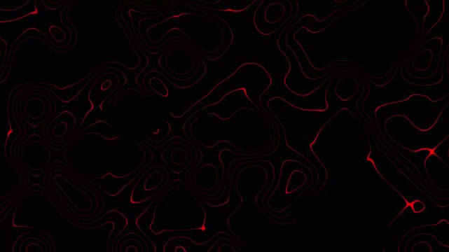 Contour lines glow red on a dark background. These contour lines visualize a dangerous or high heat terrain. Contour lines animation for data and system alerts.
