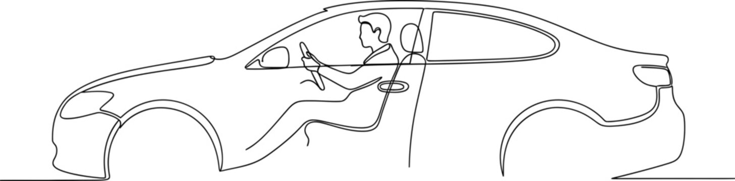 Driver inside car interior, side view, line drawing, simple sketch, automotive concept