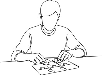 Person assembling jigsaw puzzle, focus on hands and problem-solving concept, line art illustration © dinny