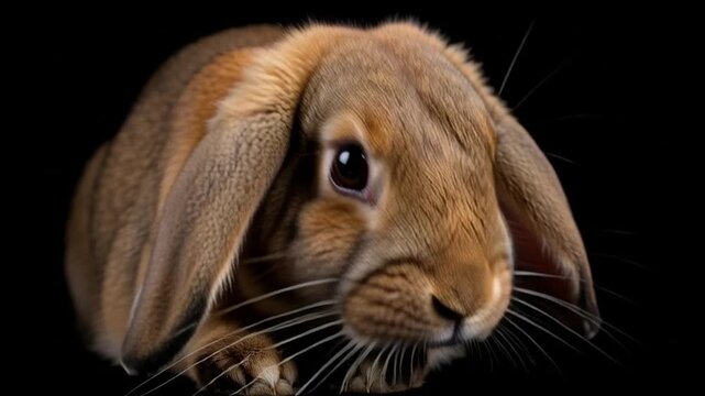 Fluffy brown and gray domestic rabbits including a small baby bunny with long ears are shown isolated on white black and dark backgrounds as cute furry pets