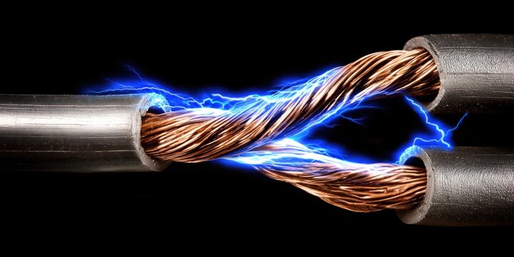 Close-up of two copper wires sparking with blue electricity on a black background