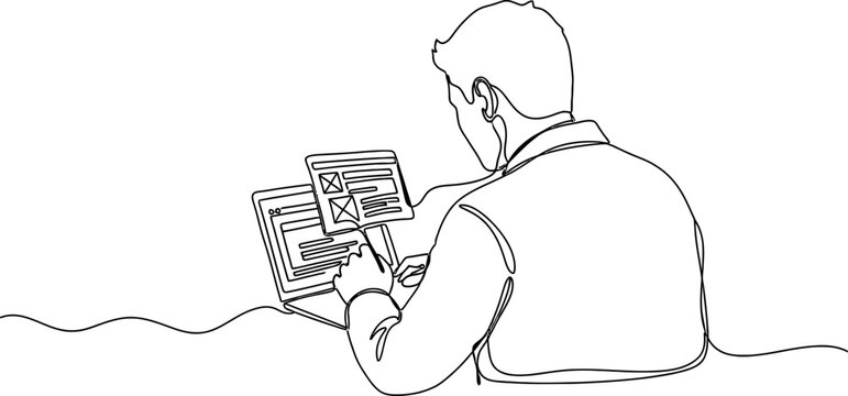 Designer working on laptop, wireframing website layout, ux ui design concept, single line art